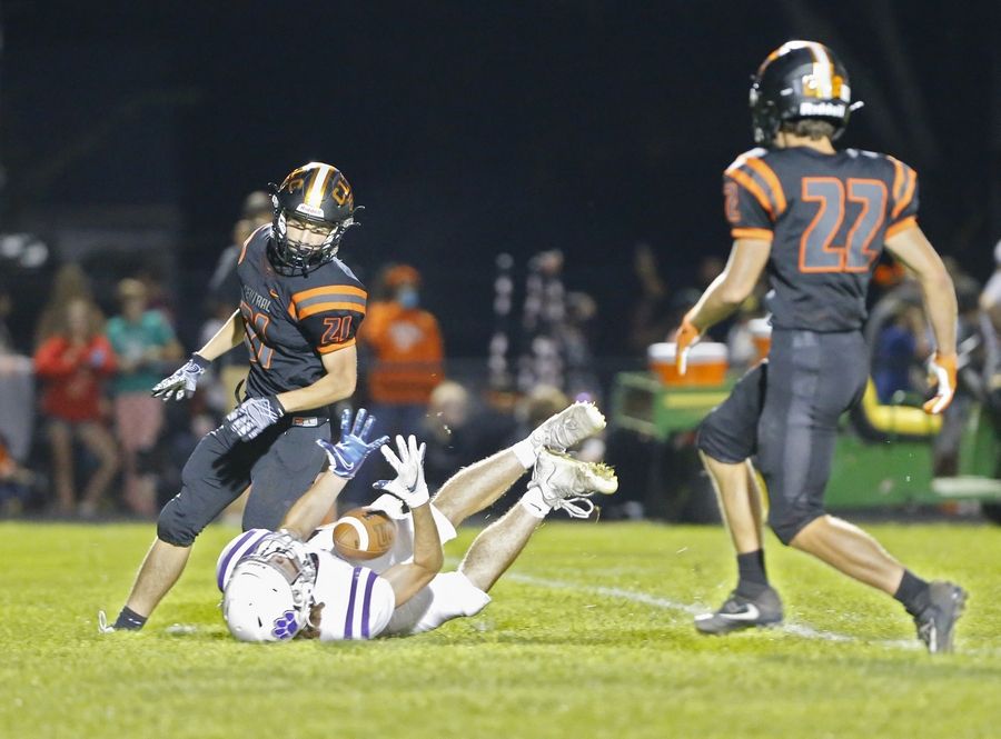 Hampshire's Charles Sladek catches a ball while lying on his back during the varsity football game on Friday, September 17, 2021 at Crystal Lake Central High School in Crystal Lake, IL.