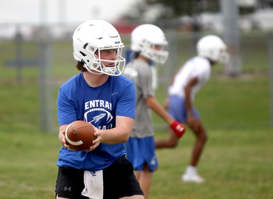 Burlington Central's Jackson Alcorn handles the ball during the first official practice of the season on Monday, Aug. 8, 2022.